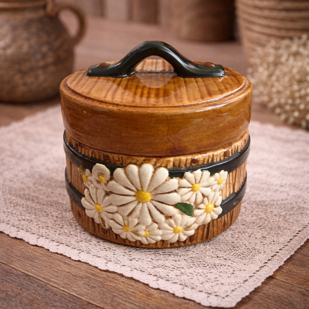 Daisy Jar Rustic Barrel Canister Farmhouse Kitchen Cottage Storage Container